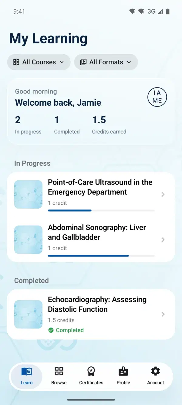 The IAME app's My Learning screen on an Android phone